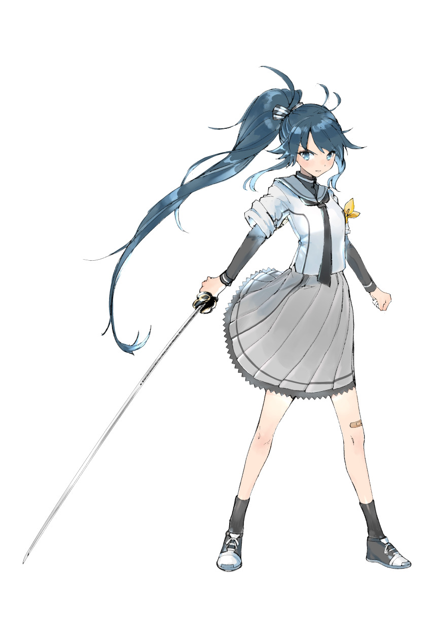 1girl absurdres antenna_hair ayanokouji_martial_arts_school_uniform bandaid bandaid_on_leg black_neckerchief black_shoes black_socks commentary_request full_body grey_eyes grey_hair grey_shirt grey_skirt grey_undershirt highres holding holding_sword holding_weapon katana long_hair long_skirt long_sleeves looking_at_viewer neckerchief parted_lips pleated_skirt ponytail sailor_collar school_uniform shirt shoes sidelocks skirt smile socks solo standing swept_bangs sword toji_no_miko v-shaped_eyebrows very_long_hair weapon white_background white_sailor_collar white_shirt yamamoto_kichiko yamashiro_yui