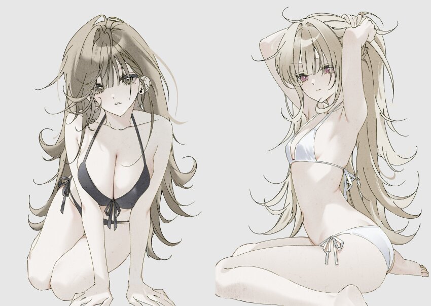 &gt;:( 2girls absurdres arm_support armpits arms_up bare_arms bare_legs barefoot bikini black_bikini blonde_hair breasts brown_eyes brown_hair butt_crack check_copyright cleavage closed_mouth collarbone cool_off copyright_request earrings flipped_hair front-tie_bikini_top front-tie_top grey_background hair_intakes hands_on_floor high_ponytail highres jewelry large_breasts leaning_forward legs legs_together long_hair looking_at_viewer multiple_girls original parted_lips pink_eyes ponytail side-tie_bikini_bottom simple_background sitting small_breasts soles stud_earrings swimsuit thighs toes turning_head tying_hair v-shaped_eyebrows wariza white_bikini