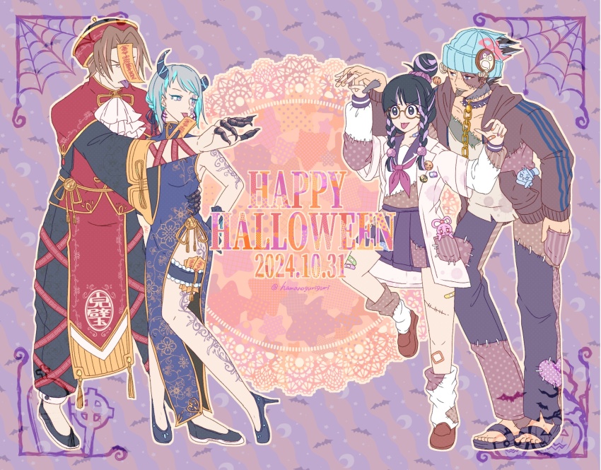 2boys 2girls ace_attorney arm_strap arm_tattoo arm_up ascot bandaid bandaid_on_leg beanie black_footwear black_hair black_pants blue_dress blue_hair blue_hat blunt_bangs brown_footwear brown_hair chinese_clothes commentary dress franziska_von_karma frilled_garter frilled_thigh_strap full_body grey_eyes hair_ornament hair_scrunchie hamanoguriguri hand_in_pocket hand_on_own_hip happy_halloween hat highres holding_hands hood hooded_jacket interlocked_fingers jacket leg_tattoo leg_warmers maya_fey miles_edgeworth multicolored_hair multiple_boys multiple_girls open_clothes open_jacket outline pants phoenix_wright purple_sailor_collar purple_skirt red_hat sailor_collar sandals school_uniform scrunchie serafuku shirt skirt standing standing_on_one_leg stitched_face stitched_neck stitches streaked_hair symbol-only_commentary tattoo thigh_strap tongue tongue_out topknot torn_clothes torn_hat twitter_username white_ascot white_outline white_shirt