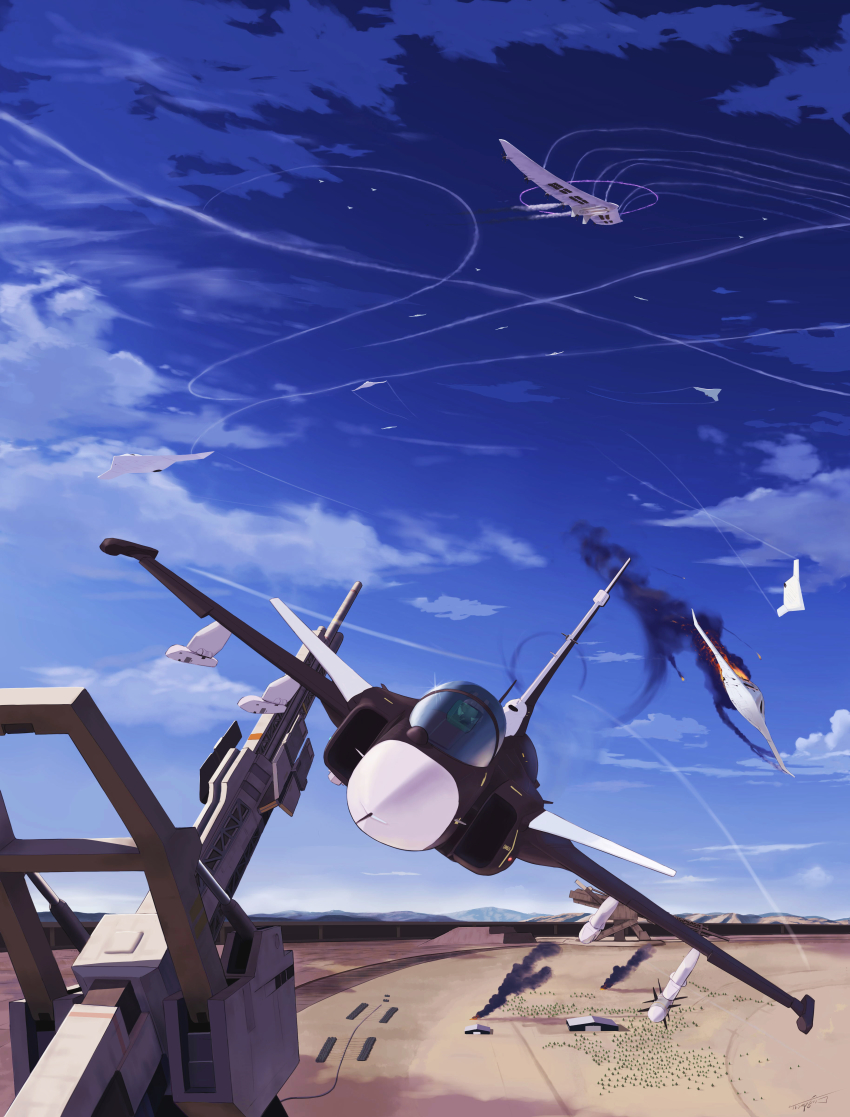 absurdres ace_combat ace_combat_7:_skies_unknown aerial_battle airborne_aircraft_carrier aircraft airplane arsenal_bird arsenal_bird_(liberty) battle cannon cloud cloudy_sky contrail day dogfight drone energy energy_barrier fire glint glowing helmet highres magnetic_weapon military military_vehicle missile mother_ship mq-101 parasite_aircraft pilot pilot_helmet railgun saab_gripen ship sky smoke smoke_trail stonehenge_(ace_combat) stonehenge_turret_network thompson_(solowingfh) unmanned_aerial_vehicle unmanned_combat_aerial_vehicle vehicle_focus watercraft