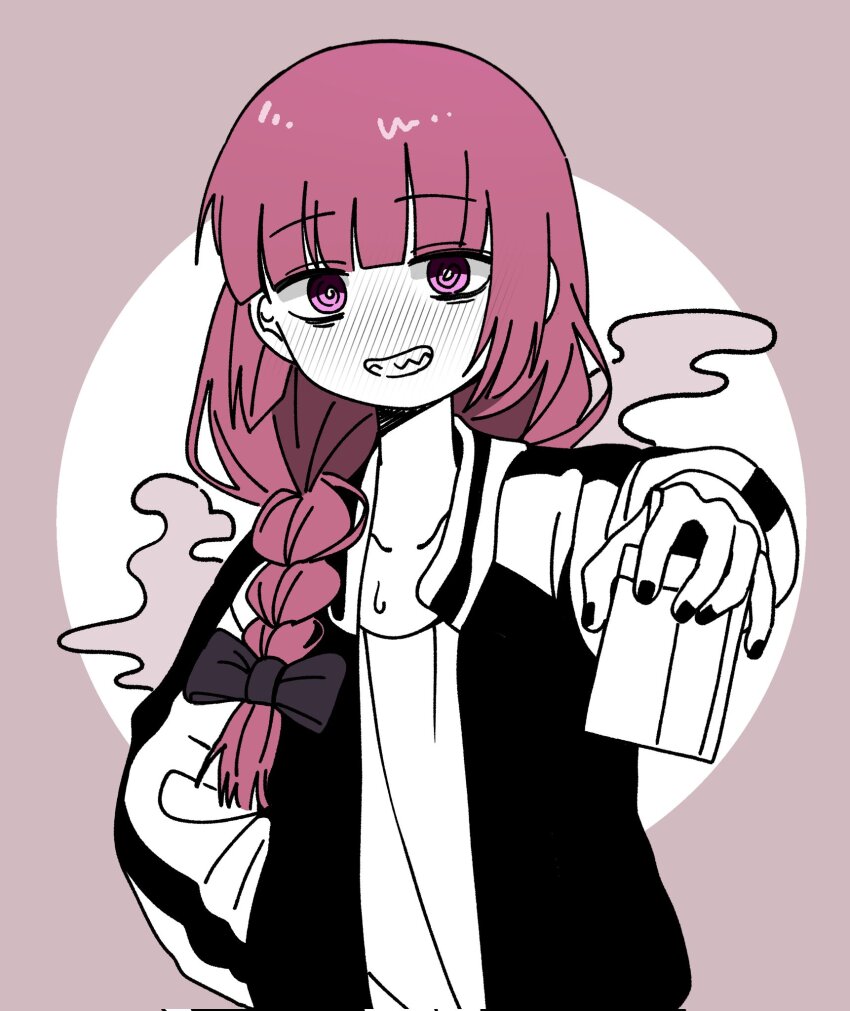 1girl alcohol_carton bags_under_eyes black_nails blunt_bangs blush bocchi_the_rock! braid carton circle colored_skin full-face_blush grin hair_over_shoulder hand_in_pocket highres hiroi_kikuri holding_carton jacket manggo_eungga multicolored_jacket purple_background purple_eyes purple_hair sharp_teeth single_braid smile solo spot_color steaming_body sweat teeth two-tone_jacket upper_body white_skin