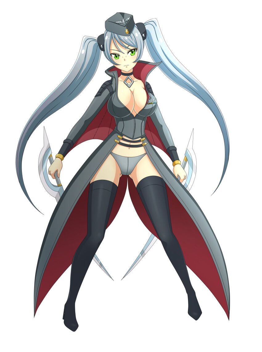 1990s_(style) 1girl absurdres artist_request blush boots breasts check_artist choker cleavage collar collarbone commentary diamond_(shape) dixie_cup_hat dual_wielding english_commentary gluteal_fold green_eyes grey_hair grey_hat grey_panties hat high_collar highres holding holding_sword holding_weapon kurumi-lover large_breasts long_hair long_sleeves looking_at_viewer military_hat navel panties partially_unzipped pendant_choker pin red_collar retro_artstyle revealing_clothes senran_kagura senran_kagura_new_wave simple_background solo swept_bangs sword thigh_boots thighhighs tsubame_(senran_kagura) twintails two-tone_shirt underwear weapon white_background