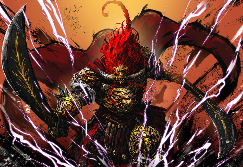 1boy animal_helmet armor bracer braid braided_ponytail cape crackling_energy dark-skinned_male dark_skin dtcy dual_wielding elden_ring fake_horns fur-trimmed_armor fur_trim gloves gold_armor helmet highres holding holding_sword holding_weapon horned_helmet horns male_focus pauldrons promised_consort_radahn red_cape red_hair shoulder_armor spikes sword twin_braids weapon