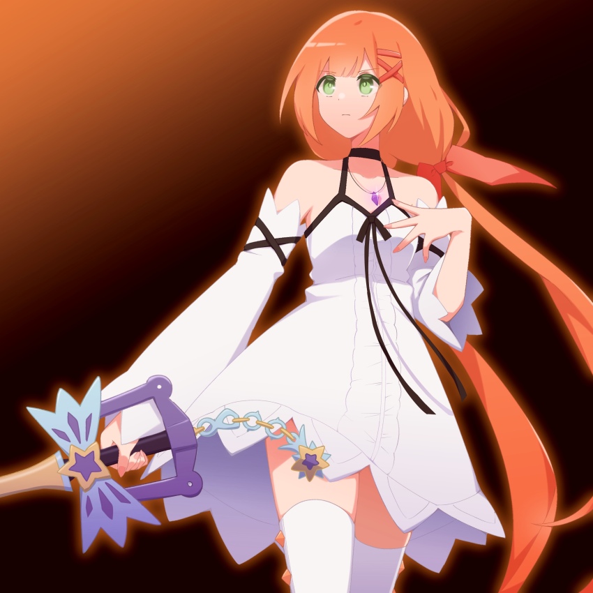 1girl absurdres bare_shoulders black_background black_choker black_ribbon blunt_bangs boots breasts center_frills chain choker collarbone cowboy_shot detached_sleeves dress frilled_dress frills gem gradient_background green_eyes hair_ornament hair_ribbon highres holding holding_weapon jewelry keyblade kingdom_hearts kingdom_hearts_x long_hair long_sleeves looking_afar looking_ahead low_twintails medium_breasts necklace orange_background orange_hair pendant purple_gemstone ribbon sidelocks solo standing strelitzia_(kingdom_hearts) thigh_boots twintails very_long_hair w3n6ev weapon white_dress x_hair_ornament
