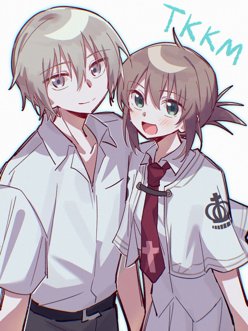 1boy 1girl ahoge belt black_belt brown_hair capelet closed_mouth cross cross_print crown_print green_eyes grey_eyes grey_hair grey_pants hair_between_eyes highres mamiya_takuji necktie open_mouth pants red_necktie school_uniform shirt short_hair short_sleeves sidelocks simple_background skirt smile subarashiki_hibi szhr_chise tachibana_kimika white_background white_capelet white_shirt white_skirt