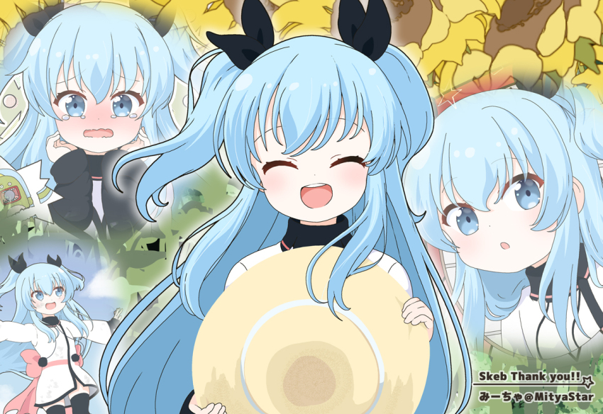 1girl :d ^_^ artist_self-reference black_ribbon blue_eyes blue_hair blue_sky blush brown_hat closed_eyes cloud commentary_request commission facing_viewer flower hair_ribbon hands_up hat holding holding_unworn_clothes holding_unworn_hat jacket long_hair long_sleeves mitya multiple_views noel_(sora_no_method) nose_blush open_mouth photo_stand-in ribbon round_teeth skeb_commission sky smile sora_no_method star_(symbol) sunflower tears teeth two_side_up unworn_hat unworn_headwear upper_teeth_only very_long_hair wavy_mouth white_jacket yellow_flower