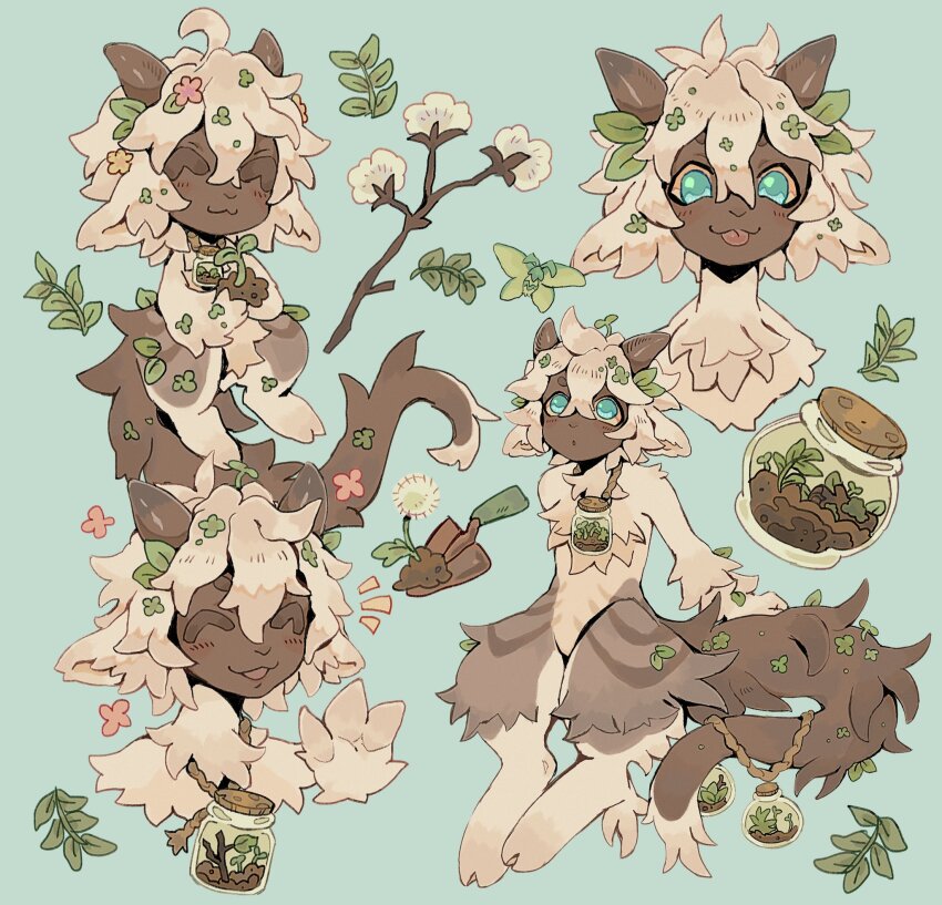 1other :3 :p ^_^ aqua_eyes blue_background branch brown_fur brown_horns brown_tail bug closed_eyes clover_hair_ornament commission completely_nude crossed_bangs dandelion digitigrade double-parted_bangs eyebrows_hidden_by_hair floppy_ears flower furry goat hair_between_eyes hair_flower hair_ornament highres hikimayu hooves horns insect inset jar leaf long_tail moth multiple_views no_genitals nude original other_focus pkiomon plant simple_background small_horns sprout_on_head tail terrarium tongue tongue_out two-tone_fur white_fur white_hair