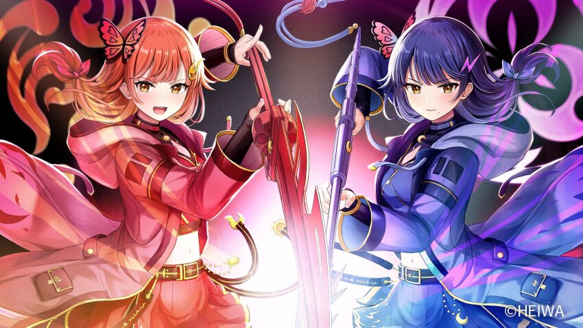 2girls blue_shirt blush butterfly_hair_ornament closed_mouth coat commentary_request copyright_notice cowboy_shot crop_top cropped_shirt hair_ornament hair_ribbon haruluna highres holding holding_sword holding_weapon hood hood_down hooded_coat kirishima_haru kirishima_luna lightning_bolt lightning_bolt_hair_ornament lightning_bolt_symbol long_hair looking_at_viewer midriff multiple_girls navel official_art open_clothes open_coat open_mouth orange_hair pleated_skirt purple_coat purple_hair purple_ribbon purple_skirt red_coat red_ribbon red_shirt red_skirt ribbon shirt skirt smile sword tokeshi weapon yellow_eyes