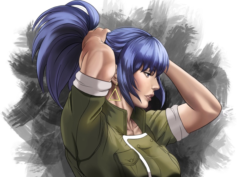 1girl blue_eyes blue_hair breasts earrings female_focus hands_up hsiao__yeh huge_breasts jacket jewelry large_breasts leona_heidern long_hair military pale_skin ponytail the_king_of_fighters