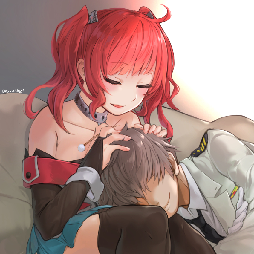 1boy 1girl ahoge azur_lane bare_shoulders blue_eyes blush breasts commander_(azur_lane) commentary_request duplicate hair_ornament highres lap_pillow long_hair mimikaki myuutau_tadakichi open_mouth red_hair san_diego_(azur_lane) signature smile twintails
