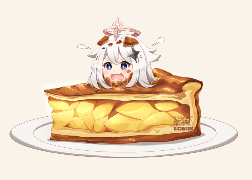 1girl apple_pie ardenlolo artist_name blush cake cake_slice commentary emergency_food english_commentary food food_on_hair genshin_impact halo in_food long_hair looking_down mini_person minigirl open_mouth paid_reward_available paimon_(genshin_impact) pie pie_slice plate pun purple_eyes silver_hair simple_background solo twitter_logo twitter_username v-shaped_eyebrows white_background