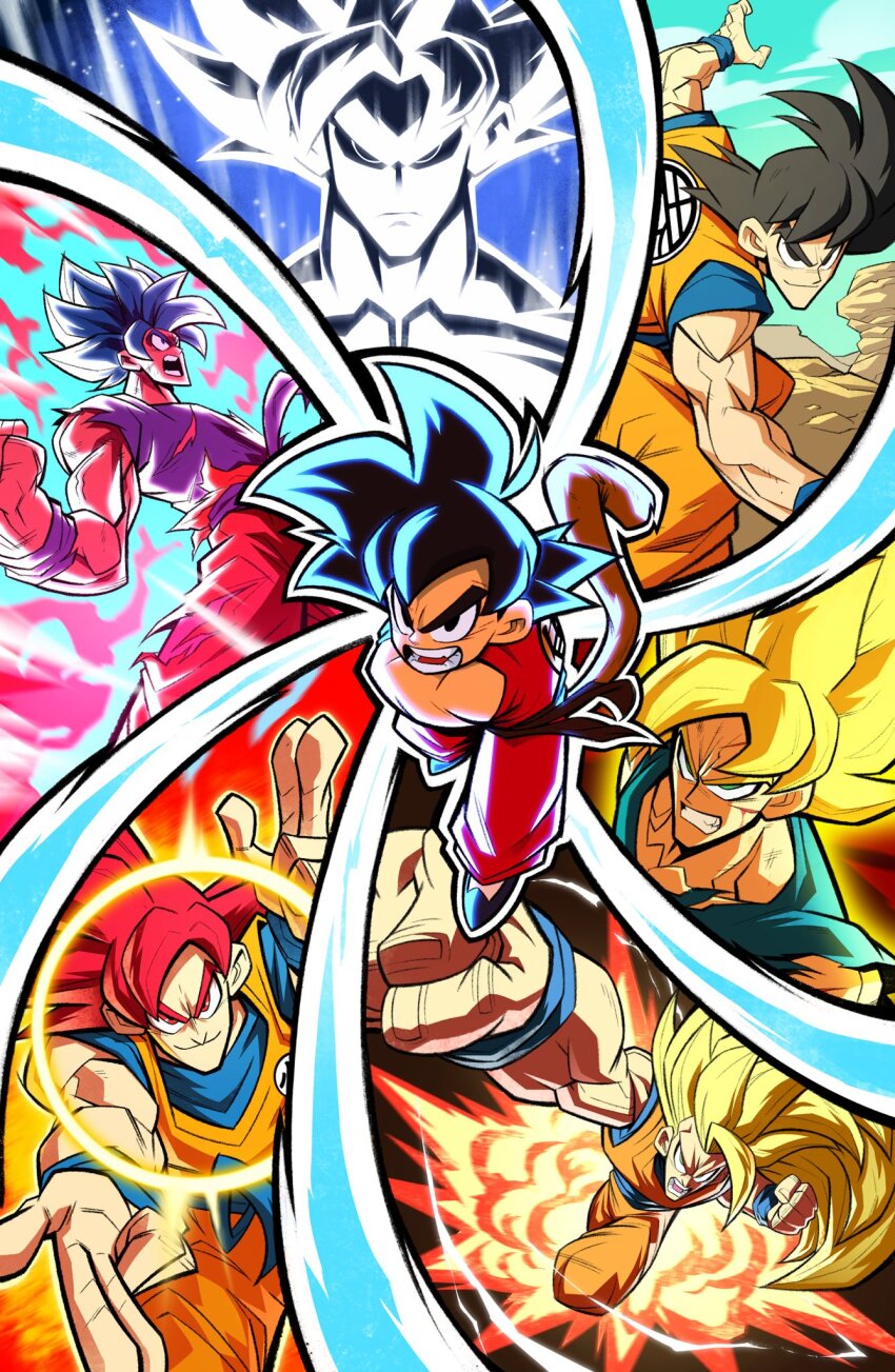 age_progression aura biceps clenched_teeth dougi dragon_ball dragon_ball_(classic) dragon_ball_super dragonball_z fighting_stance glaring glowing glowing_eyes glowing_hair highres kaiouken kamehameha_(dragon_ball) kevin_shah monkey_tail muscular muscular_male punching smile son_goku spiked_hair super_saiyan super_saiyan_1 super_saiyan_3 super_saiyan_blue super_saiyan_god tail teeth ultra_instinct wristband