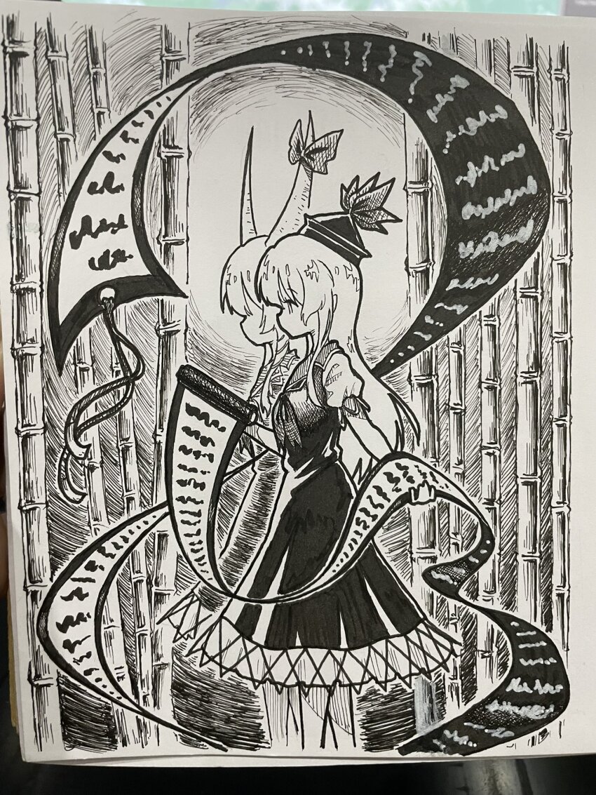 1girl bamboo bamboo_forest bow dress ex-keine forest greyscale hat highres horn_bow horn_ornament horns kamishirasawa_keine long_hair monochrome nature photo_(medium) scroll short_sleeves solo suteruko touhou traditional_media very_long_hair