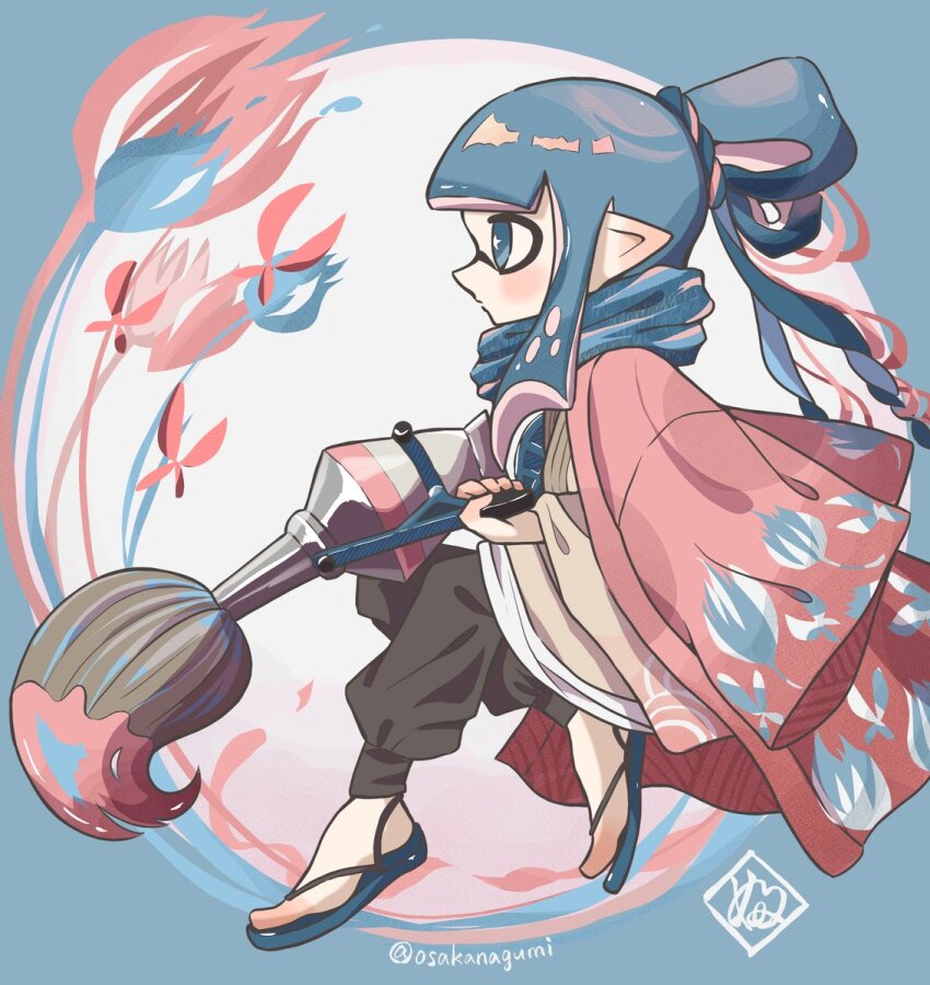 1girl artist_name blue_eyes bow-shaped_hair commentary_request full_body haori highres holding holding_paintbrush inkbrush_(splatoon) inkling inkling_girl inkling_player_character japanese_clothes long_hair looking_ahead nintendo osakanagumi11 paintbrush sandals solo splatoon_(series) splatoon_3 tentacle_hair twitter_username zouri