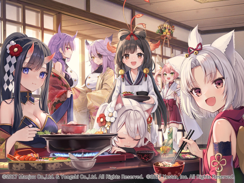 6+girls :d alternate_costume animal_ear_fluff animal_ears azur_lane bangs_pinned_back bare_shoulders black_hair bow-shaped_hair bowl breasts brown_eyes cat_ears cat_girl chopsticks cleavage closed_eyes closed_mouth commentary_request detached_sleeves dress eating fang flat_chest food fuyoyo green_eyes highres hiyou_(azur_lane) holding holding_bowl holding_chopsticks horns indoors japanese_clothes junyou_(azur_lane) kimono large_breasts long_hair long_sleeves multiple_girls nail_polish official_art open_mouth parted_lips pink_hair purple_eyes purple_hair red_eyes red_horns red_skirt ryuuhou_(azur_lane) ryuujou_(azur_lane) short_hair shouhou_(azur_lane) skirt sleeping smile stove strapless strapless_dress thighhighs white_hair white_kimono white_thighhighs yuudachi_(azur_lane) zuihou_(azur_lane)