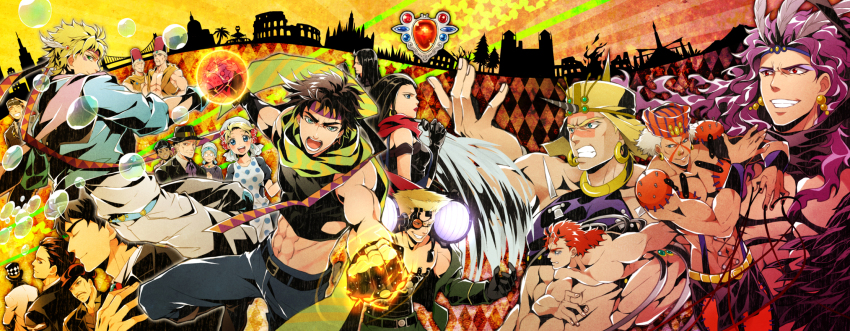3girls 6+boys argyle_background argyle_clothes armor battle_tendency caesar_anthonio_zeppeli clenched_hand crop_top cropped_jacket cyborg danemaru dress earrings erina_pendleton esidisi everyone facial_mark father_and_son fez_hat fingerless_gloves formal_clothes george_joestar george_joestar_ii gloves hat headband headdress highres husband_and_wife jewelry jojo_no_kimyou_na_bouken jonathan_joestar joseph_joestar joseph_joestar_(young) kars_(jojo) lisa_lisa loggins_(jojo) long_image mario_zeppeli mark_(jojo) messina_(jojo) midriff monster_boy multiple_boys multiple_girls pants phantom_blood polka_dot polka_dot_dress red_scarf red_stone_of_aja robert_e._o._speedwagon rudolph_von_stroheim santana_(jojo) scarf smokey_brown striped_clothes striped_scarf suit suzi_q wamuu white_pants wide_image will_anthonio_zeppeli