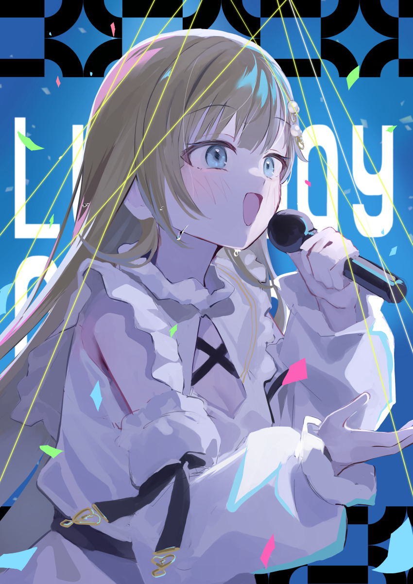 1girl absurdres blue_background blue_eyes blush breasts cattleya_regina_games cleavage confetti detached_sleeves dress green_hair hanabusa_lisa hanabusa_lisa_(1st_costume) highres holding holding_microphone long_hair microphone music open_mouth pearl_hair_ornament puffy_sleeves shumpi sidelighting singing sleeveless sleeveless_dress solo sweatdrop upper_body virtual_youtuber vspo! white_dress