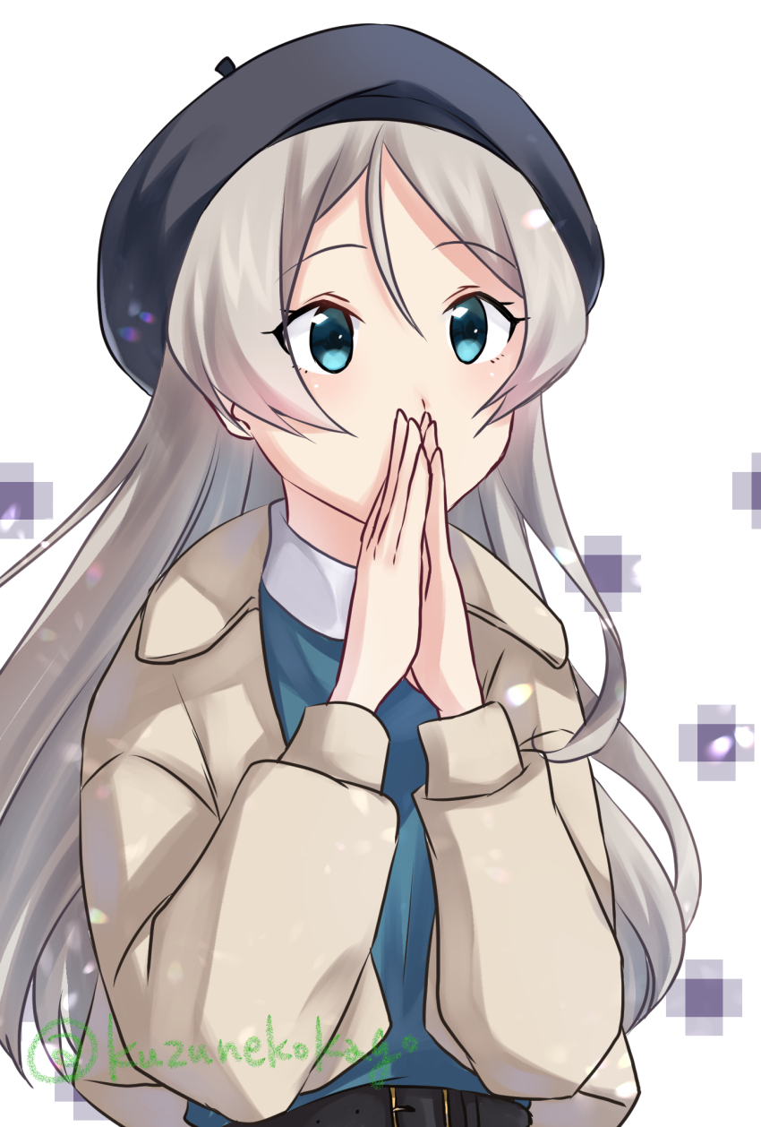 1girl beret black_hat blue_dress blue_eyes covering_own_mouth dress grey_hair grey_jacket hat highres jacket javelin_(autumn)_(kancolle) javelin_(kancolle) kantai_collection long_hair loose_hair_strand meme official_alternate_costume one-hour_drawing_challenge own_hands_together shizukuneko solo too_low_salary_(meme) upper_body