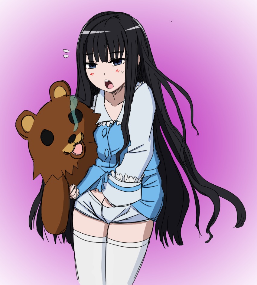 1girl black_eyes black_hair blue_eyes clothed_masturbation female_focus female_masturbation flat_chest giving_up_the_ghost gradient_background hand_under_clothes hand_under_shorts highres kami-sama_no_memo-chou kekekeke kuma_(2ch) long_hair masturbation open_mouth pedobear pink_background shionji_yuuko short_shorts shorts simple_background solo thighhighs very_long_hair white_thighhighs zettai_ryouiki