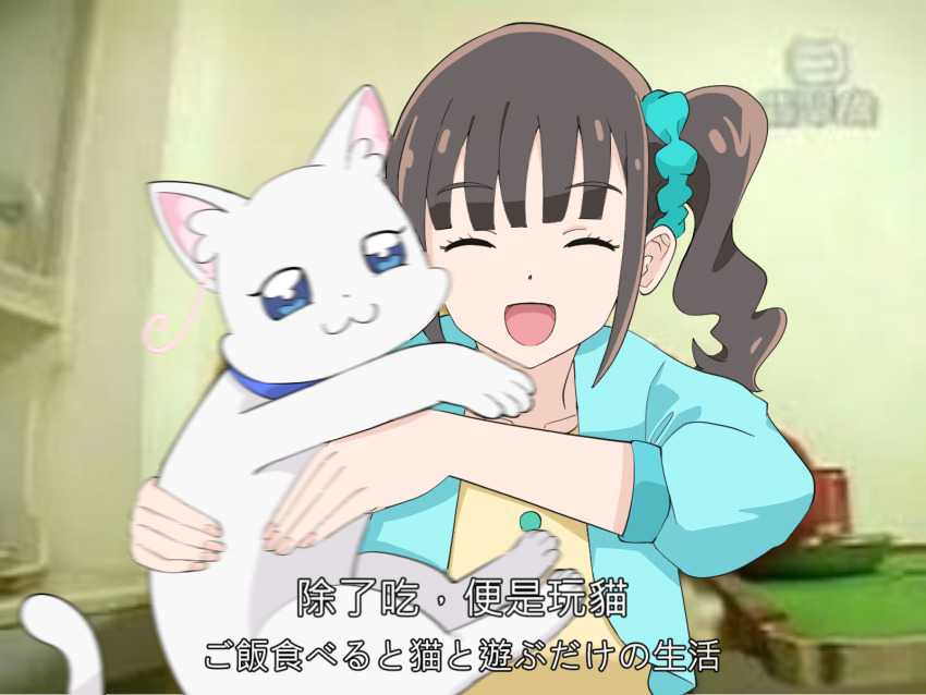 2girls :3 aqua_jacket aqua_scrunchie blue_bow blue_bowtie blue_eyes bow bowtie brown_hair cat closed_eyes closed_mouth highres jacket medium_hair multiple_girls nekoyashiki_mayu nekoyashiki_yuki nekoyashiki_yuki_(cat) open_mouth parody precure sagittarius_(cruxhkg) scrunchie shirt side_ponytail smile wonderful_precure! yellow_shirt