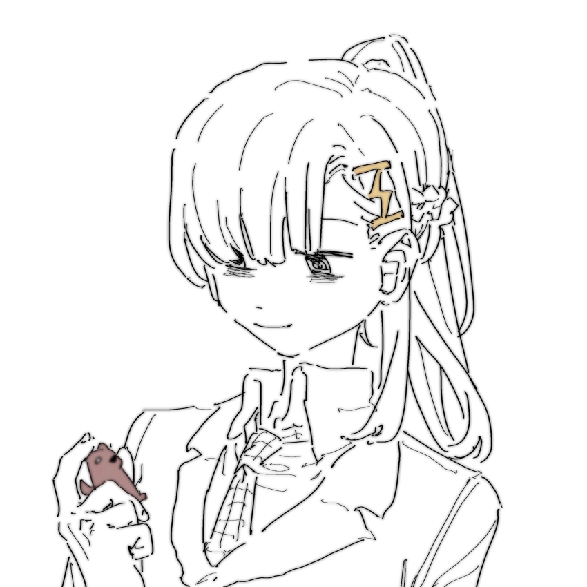 1girl bags_under_eyes blazer blunt_bangs chidouin_sara closed_mouth collared_jacket collared_shirt dot_nose greyscale hair_ornament hairclip highres holding holding_toy jacket kimi_ga_shine lapels long_hair looking_at_object monochrome necktie notched_lapels plaid_clothes plaid_necktie ponytail shirt simple_background smile soko solo spot_color toy upper_body white_background