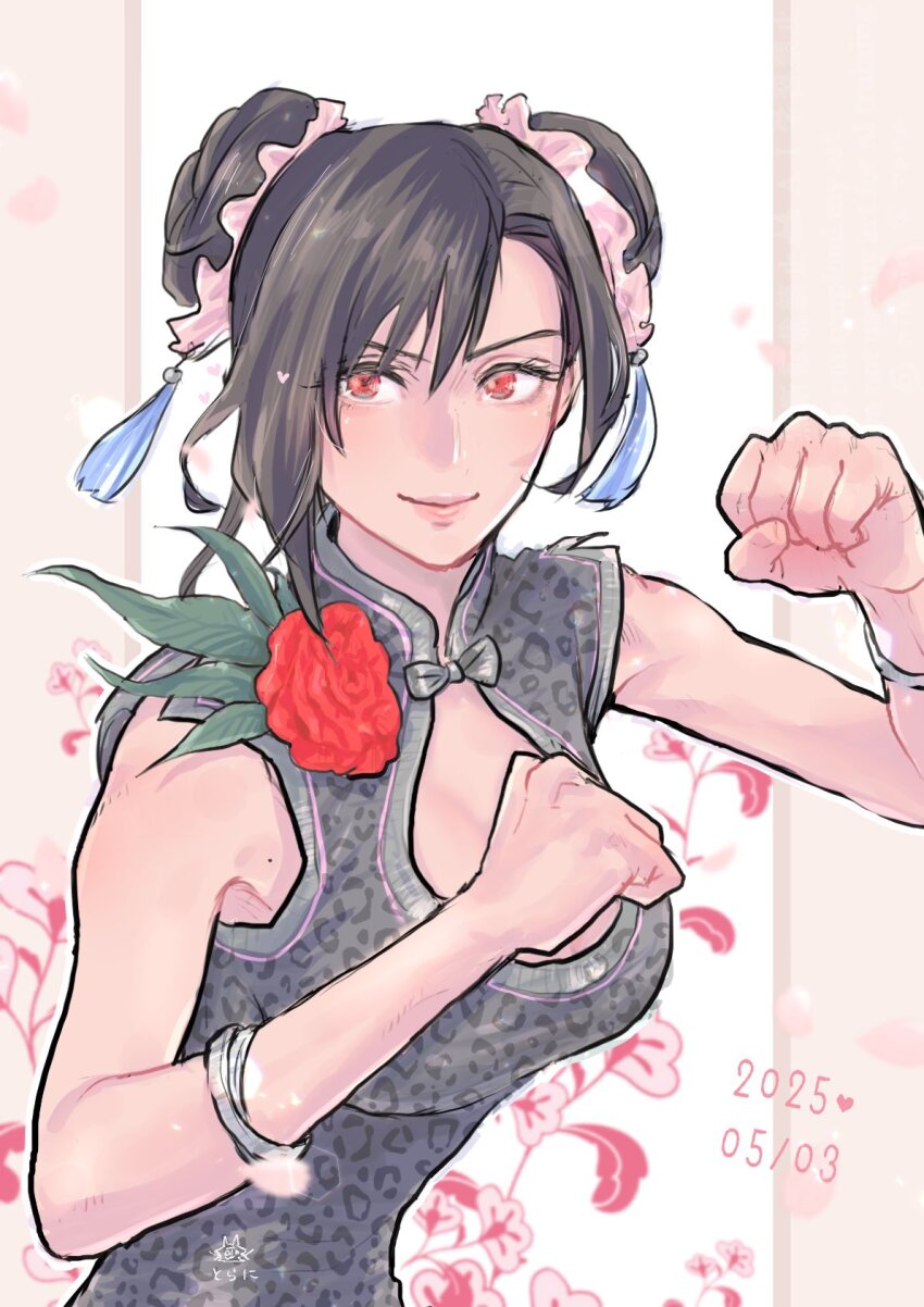 1girl animal_print bare_shoulders birthday black_hair bracelet breasts china_dress chinese_clothes cleavage cleavage_cutout clenched_hands closed_mouth clothing_cutout commentary_request dated double_bun dress fighting_stance final_fantasy final_fantasy_vii final_fantasy_vii_remake floral_background flower grey_dress hair_bun hair_ornament heart highres jewelry leopard_print lips long_hair looking_at_viewer ninnin5tora official_alternate_costume official_alternate_hairstyle pink_flower pink_lips print_dress red_eyes red_flower smile solo swept_bangs tifa_lockhart tifa_lockhart_(sporty_dress) upper_body