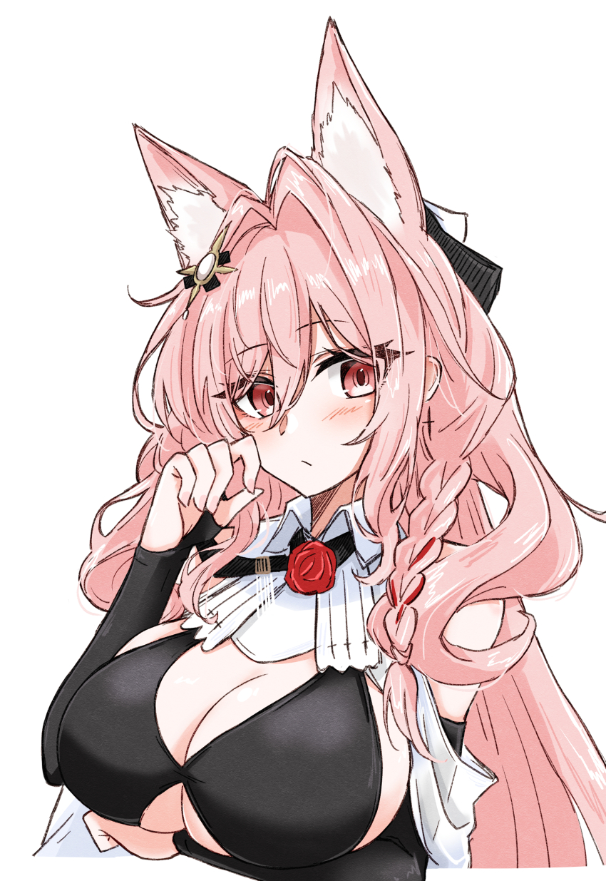 1girl absurdres animal_ear_fluff animal_ears arknights arm_under_breasts blush braid breasts cleavage closed_mouth commentary eyes_visible_through_hair hair_between_eyes hair_intakes hand_up highres large_breasts long_hair looking_at_viewer maiq06 one-hour_drawing_challenge pink_hair pozyomka_(arknights) red_eyes simple_background solo white_background