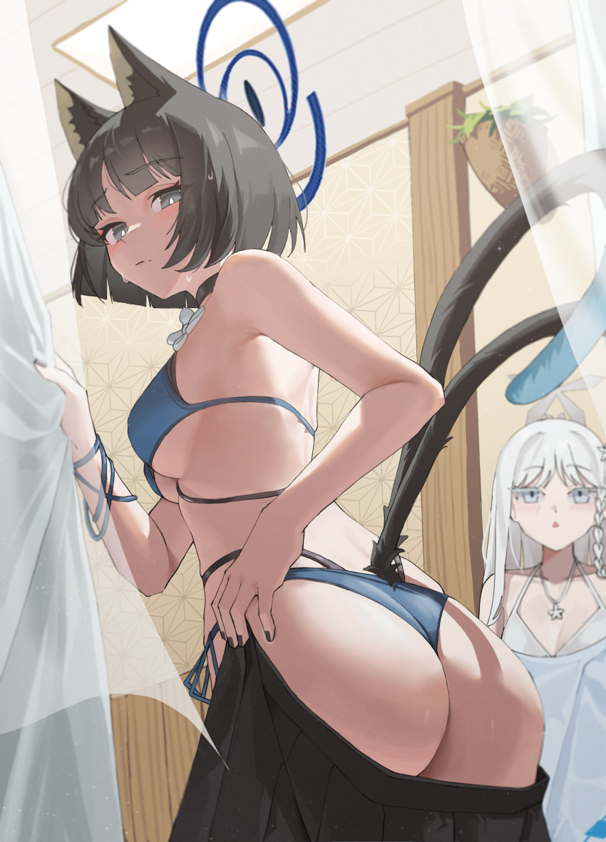 2girls absurdres animal_ears ass ass_focus bed_sheet bikini black_bikini black_hair black_skirt black_tail blue_archive blue_bikini blue_halo blue_tail braid breasts bright_pupils cat_ears cat_girl cat_tail closed_mouth clothes_pull colored_eyelashes from_behind gradient_tail halo highres jewelry kikyou_(blue_archive) kikyou_(swimsuit)_(blue_archive) layered_bikini looking_at_viewer mahou_gnome medium_breasts multiple_girls multiple_tails nagusa_(blue_archive) nagusa_(swimsuit)_(blue_archive) necklace official_alternate_costume sheet_grab single_braid skirt skirt_pull solo_focus star_(symbol) star_necklace sweat swimsuit tail two_tails undressing white_bikini white_hair white_pupils