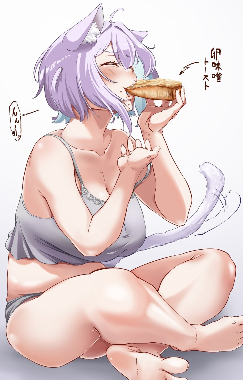 1girl absurdres ahoge animal_ear_fluff animal_ears biting blue_hair blush breasts camisole cat_ears cat_girl cat_tail chanwara_06 cleavage closed_eyes colored_inner_hair crop_top crossed_legs eating food food_in_mouth from_side grey_camisole grey_panties grey_shirt highres holding holding_food hololive indian_style japanese_text large_breasts lips multicolored_hair nekomata_okayu panties purple_hair shirt short_hair sitting sleeveless sleeveless_shirt solo sound_effects tail tail_wagging thighs underwear virtual_youtuber