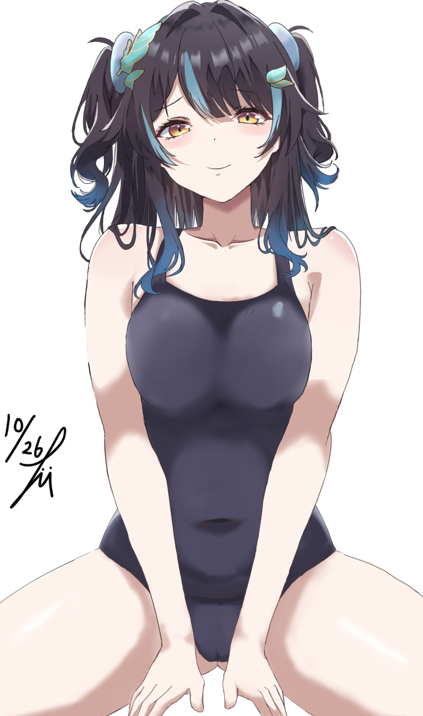 1girl bare_shoulders black_hair black_one-piece_swimsuit blue_eyes blue_hair blush breasts cameltoe closed_mouth collarbone commentary_request covered_navel dated hair_ornament highres large_breasts long_hair looking_at_viewer medium_breasts multicolored_hair one-piece_swimsuit school_swimsuit signature simple_background siris_(snowbreak) sitting smile snowbreak:_containment_zone solo spread_legs streaked_hair swimsuit takumi_munato thighs two-tone_hair two_side_up white_background yellow_eyes