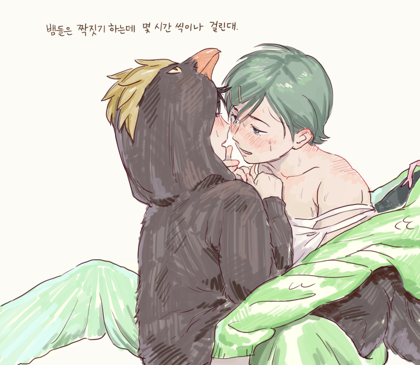 2girls animal_costume animal_hood blue_eyes blush collarbone commentary_request face-to-face futsuu_no_keion-bu glub000 green_hair hair_ornament hairpin hatono_chihiro highres hood hood_down hood_up korean_commentary korean_text kouyama_rin looking_at_another multiple_girls parted_lips penguin_costume penguin_hood short_hair sitting_between_lap snake_costume strap_slip sweat translation_request yuri