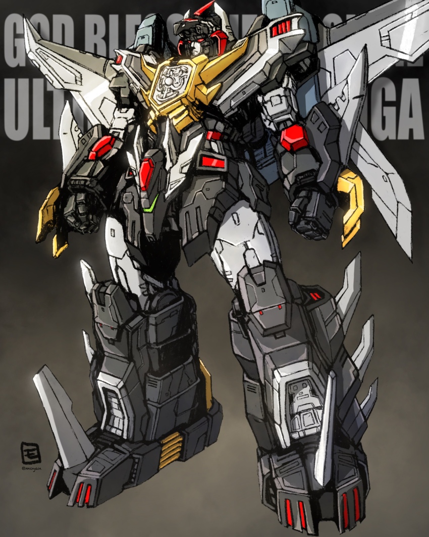 absurdres arms_at_sides artist_logo character_name choujuu_kishin_dancouga clenched_hands closed_mouth commentary_request dancouga dancouga_(series) full_body highres logo mecha mecha_focus mechanical_wings moyan no_humans red_eyes robot science_fiction solo super_robot super_robot_wars super_robot_wars_30 text_background twitter_username ultimate_dancouga wings