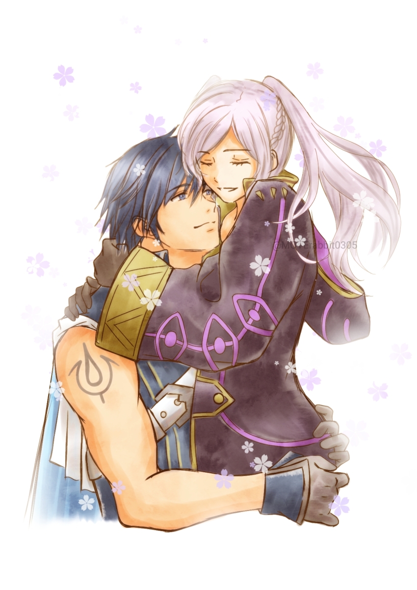 1boy 1girl ahoge arm_tattoo bare_shoulders black_gloves blue_eyes blue_hair brand_of_the_exalt breasts chrom_(fire_emblem) closed_eyes coat couple eyelashes female_robin_(fire_emblem) fire_emblem fire_emblem_awakening floating_hair fold-over_gloves gloves hair_between_eyes hands_on_another&#039;s_waist happy highres hood hood_down hug intelligent_systems long_coat long_hair long_sleeves looking_at_another matching_hair/eyes medium_breasts moverabbit0305 muscular_arms shirt short_hair sidelocks sleeveless sleeveless_shirt sleeves_past_wrists smile swept_bangs tattoo toned toned_male twintails white_hair wide_sleeves yellow_eyes