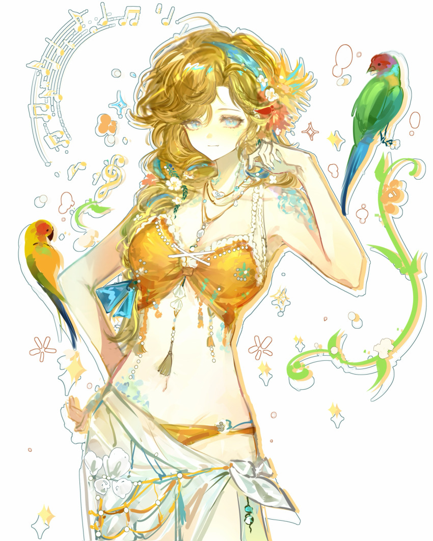 1girl absurdres aqua_eyes bare_arms bikini bird blonde_hair blue_hairband breasts cowboy_shot flower green_bird hair_flower hair_ornament hair_over_shoulder hairband hand_on_own_hip hand_up highres light_smile long_hair looking_at_viewer medium_breasts navel official_alternate_costume orange_bikini parrot red_flower reverse:1999 sarong scales solo swimsuit vila_(by_the_painted_city)_(reverse:1999) vila_(reverse:1999) weiyan_(nbnbmwnl) white_sarong yellow_bird