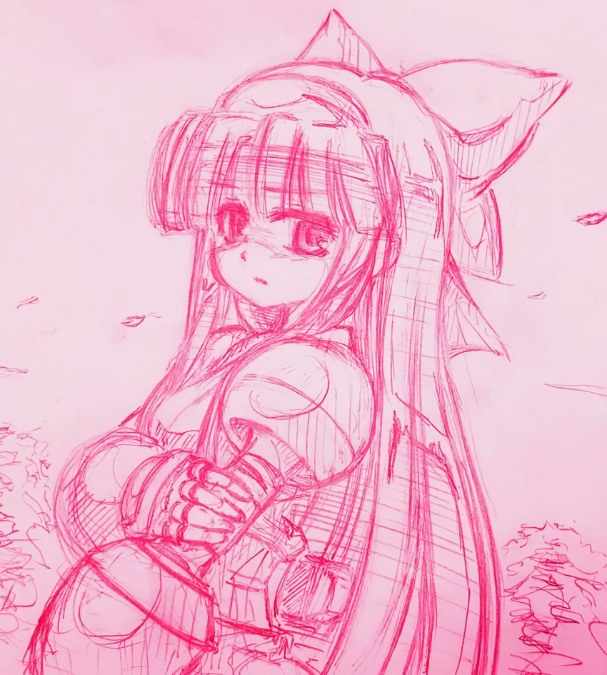 1girl ainu_clothes breasts fingerless_gloves gloves hair_ribbon highres long_hair looking_at_viewer mamahaha medium_breasts monochrome nakoruru ribbon samurai_spirits shaded_face sideboob sketch snk solo the_king_of_fighters traditional_media weapon