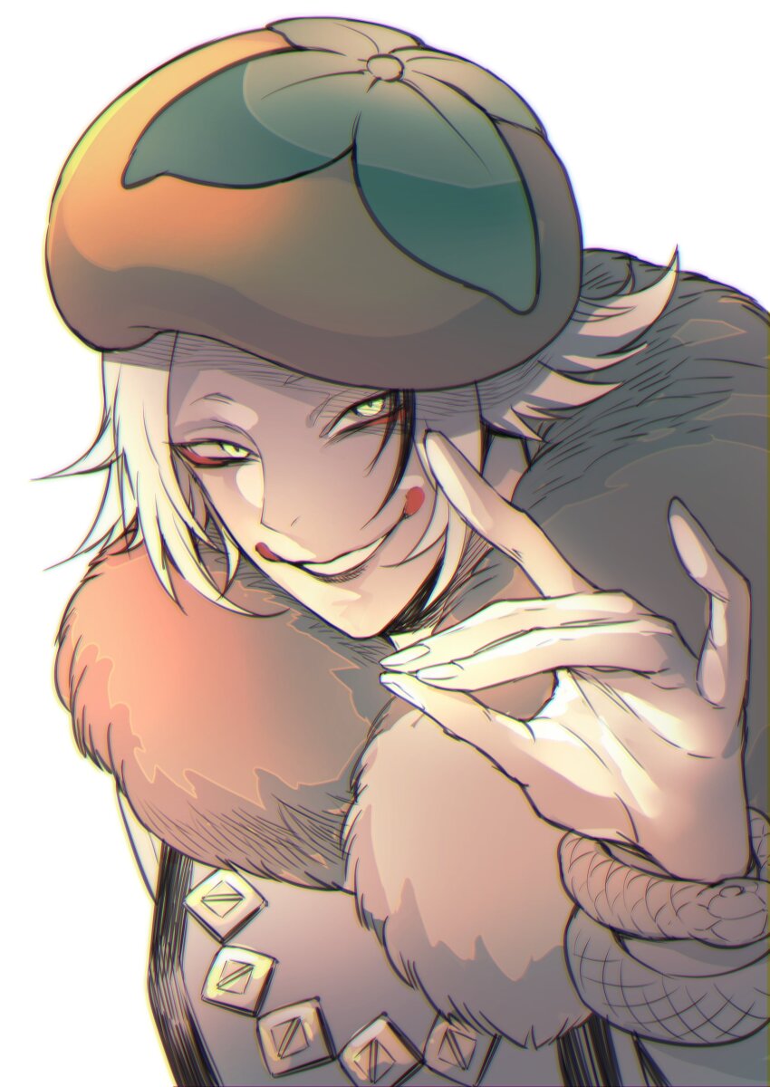 1boy absurdres akechi_mitsuhide_(tenkaichi) clown colored_skin dimple_facial_mark evil_smile facial_mark green_eyes hat highres light-skinned_palms male_focus smile tenkaichi_nihon_saikyou_bugeisha_ketteisen white_background white_skin