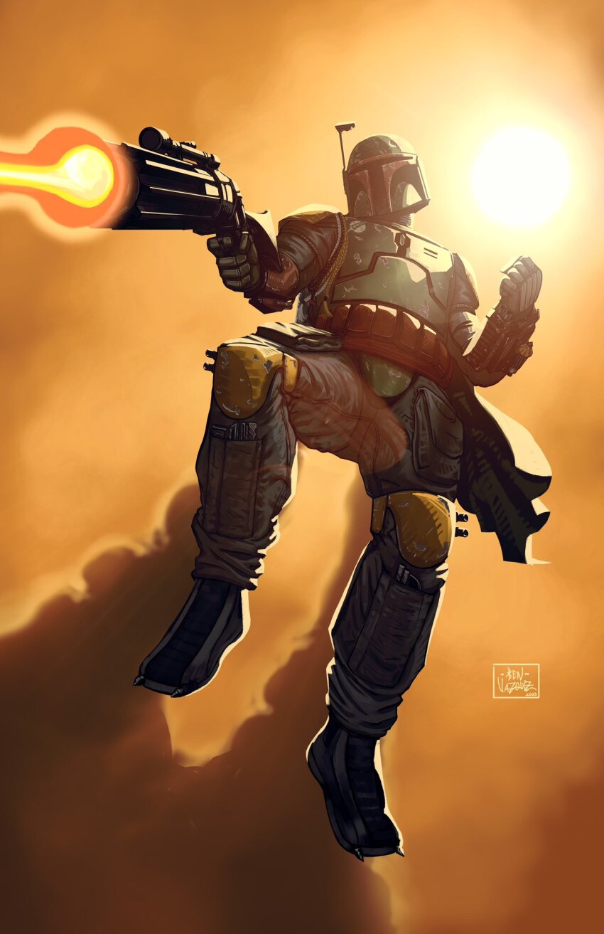 armor artist_name boba_fett firing from_below gun helmet highres holding holding_gun holding_weapon mandalorian mandalorian_armor mandalorian_helmet may_the_4th metaworks818 muzzle_flash outdoors solo star_wars weapon