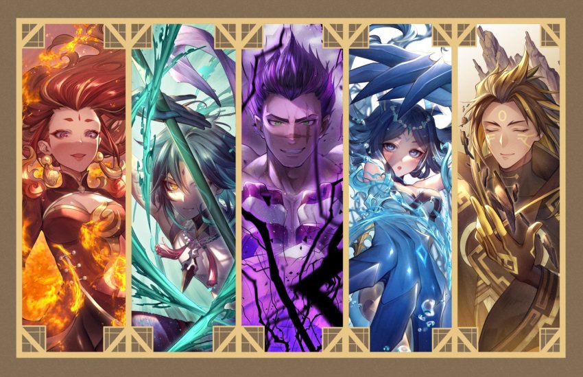 2girls 3boys arm_tattoo bead_necklace beads blonde_hair blue_eyes blue_hair blue_horns bonanus_(genshin_impact) bosacius_(genshin_impact) breasts chinese_clothes cleavage closed_eyes diamond-shaped_pupils diamond_(shape) earrings eyeliner eyeshadow facial_mark fiery_hair forehead_mark genshin_impact green_eyes green_hair hikimayu holding holding_polearm holding_weapon horns indarias_(genshin_impact) jewelry kokollet long_hair long_sleeves looking_at_viewer makeup medium_breasts menogias_(genshin_impact) multicolored_hair multiple_boys multiple_girls necklace open_mouth pink_eyes polearm primordial_jade_winged-spear_(genshin_impact) purple_hair red_eyeliner red_eyeshadow red_hair scar scar_across_eye scar_on_face scar_on_nose shell_hair_ornament short_hair short_hair_with_long_locks slit_pupils smile streaked_hair symbol-shaped_pupils tassel tassel_earrings tattoo weapon wide_sleeves xiao_(genshin_impact) yellow_eyes