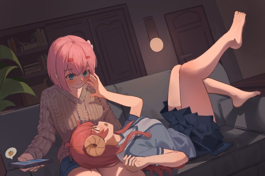 2girls ahoge bare_legs barefoot blue_shirt blue_skirt blush brown_sweater chiyoda_momo couch curled_horns demon_horns dim_lighting food fruit green_eyes hand_on_another&#039;s_face holding holding_phone horns implied_cheating_(relationship) legs_up living_room lying_on_another machikado_mazoku mandarin_orange milktea_(gggrrr2000) multiple_girls on_couch phone pink_hair red_hair sailor_collar school_uniform shirt skirt sweater white_sailor_collar yoshida_yuuko_(machikado_mazoku) yuri