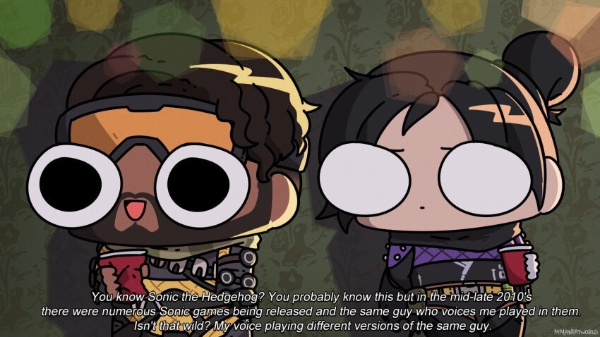1boy 1girl apex_legends black_bodysuit black_scarf bodysuit cartoonized chibi confused cup dark-skinned_male dark_skin english_text goggles goggles_on_head hair_behind_ear highres holding holding_cup mirage_(apex_legends) miyan_(oceanmaiden) nessie_(respawn) open_mouth parody scarf scene_reference scott_pilgrim_(series) scott_pilgrim_takes_off smile solid_eyes subtitled toon_(style) voice_actor_connection white_eyes wraith_(apex_legends)