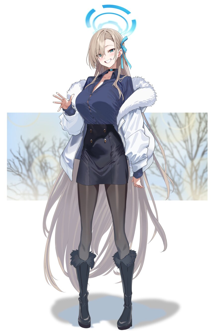 1girl absurdres asuna_(blue_archive) black_shoes black_skirt blue_archive blue_eyes blue_halo blue_shirt blush breasts brown_hair choker fur-trimmed_jacket fur_trim hair_over_one_eye hair_ribbon halo hidis0086 highres jacket large_breasts long_hair looking_at_viewer pantyhose pencil_skirt ribbon shirt shoes skirt smile solo very_long_hair white_jacket winter