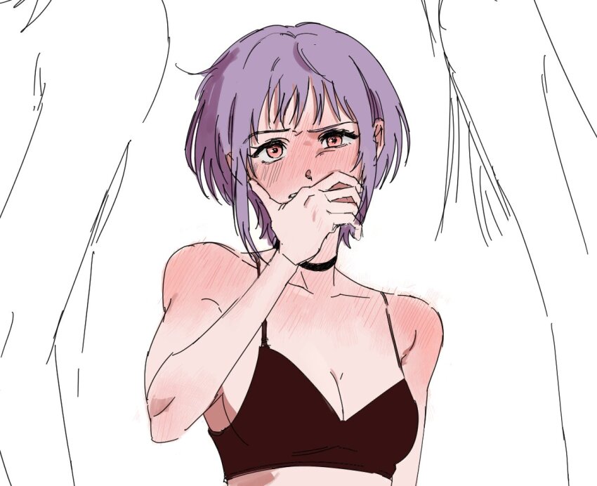 3girls bang_dream! bang_dream!_it&#039;s_mygo!!!!! black_bra black_choker blush bra breasts choker cleavage embarrassed full-face_blush gommotheworld hand_on_own_face medium_breasts multiple_girls pink_eyes purple_hair short_hair solo underwear upper_body wakaba_mutsumi yahata_umiri yuri yuutenji_nyamu