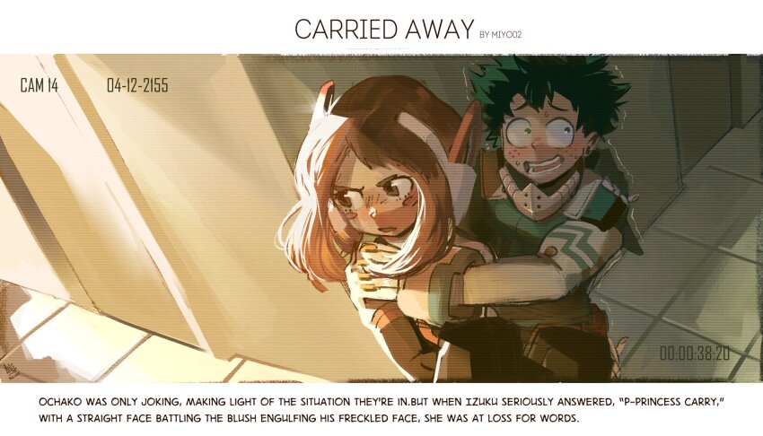 1boy 1girl aioles blush boku_no_hero_academia brown_eyes brown_hair carrying couple english_text freckles green_eyes green_hair highres holding midoriya_izuku reverse_princess_carry uraraka_ochako