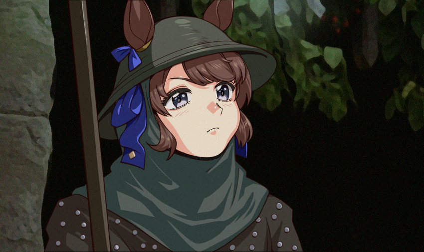 1girl animal_ears blue_ribbon bow brown_hair ear_ribbon grey_eyes helmet highres monty_python monty_python_and_the_holy_grail parody ribbon scene_reference tosen_jordan_(umamusume) umamusume upper_body v-shaped_eyebrows voodoothur