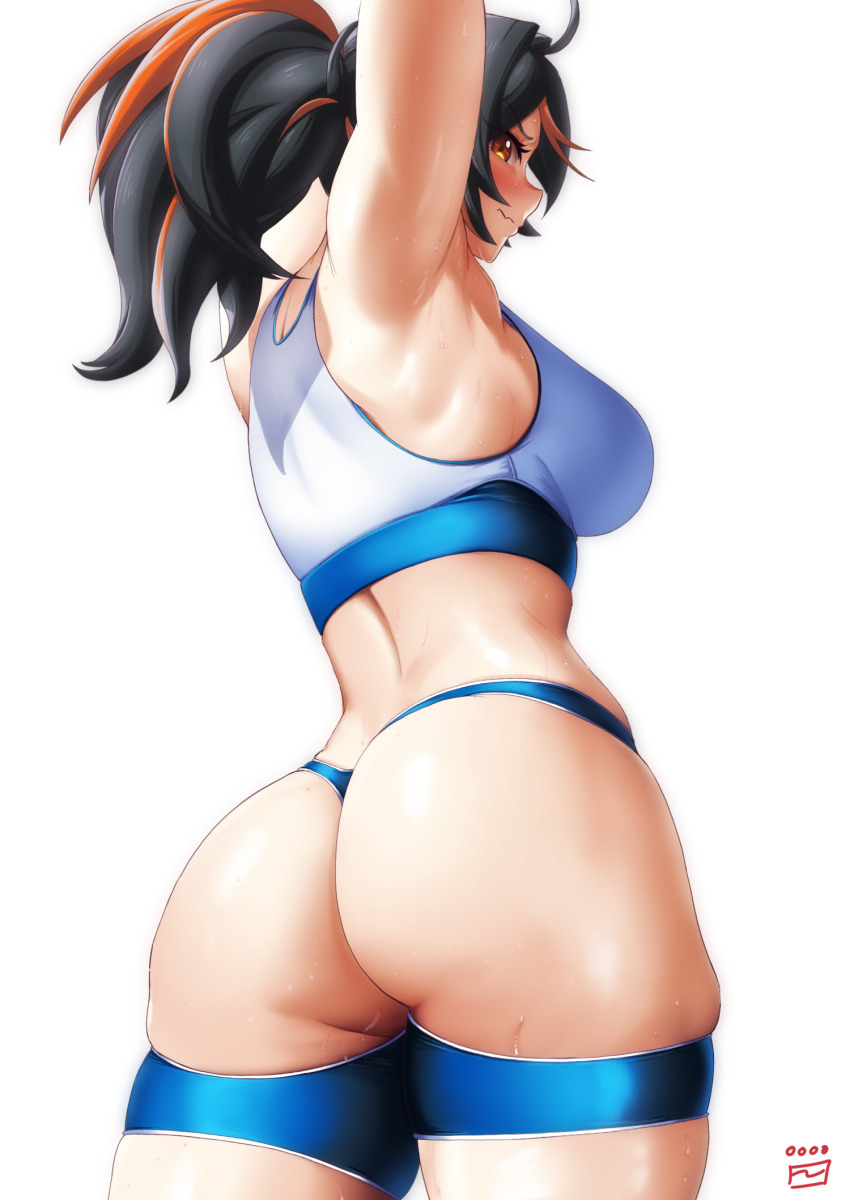 1girl armpits arms_up ass ass_cutout black_hair blue_shorts blush breasts clothing_cutout finalcake gluteal_fold highres large_breasts long_hair looking_back multicolored_hair ponytail pout red_hair shorts sideboob solo sports_bra streaked_hair t-back t-back_spats white_sports_bra zenless_zone_zero zhu_yuan
