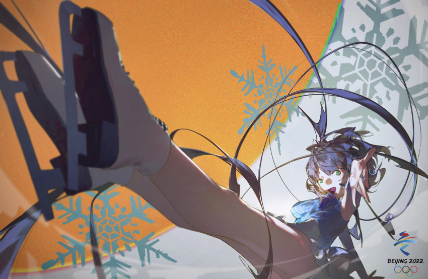 1girl 2022 commentary english_commentary green_eyes highres ice_skates long_hair luo_tianyi mumu53 olympic_rings open_mouth skates snowflakes solo very_long_hair vocaloid vsinger_(vocaloid)