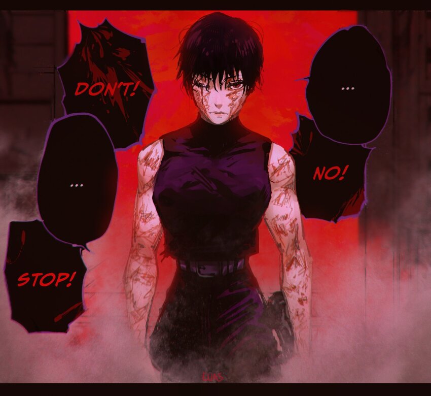 ... 1girl bare_arms belt biceps black_hair black_pants black_shirt blood blood_on_arm blood_on_face cowboy_shot eliasdessin english_text highres jujutsu_kaisen looking_at_viewer muscular muscular_female one_eye_closed pants red_eyes scar scar_across_eye scar_on_face scars_all_over shirt short_hair sleeveless sleeveless_shirt solo spoken_ellipsis tank_top too_many