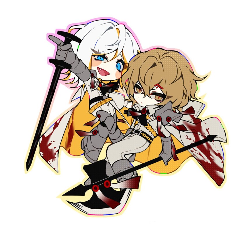 1boy 1girl :d armored_boots ascot axe black_ascot blonde_hair blood blood_on_clothes blue_eyes boots cape cherry_oux chibi chibi_only fang faust_(project_moon) gauntlets hair_between_eyes highres holding holding_axe jacket limbus_company looking_at_viewer medium_hair multicolored_hair n_corp._fanatic_(identity)_(project_moon) open_mouth pants project_moon red_pupils short_hair simple_background sinclair_(project_moon) smile two-tone_hair white_background white_cape white_hair white_jacket white_pants yellow_eyes