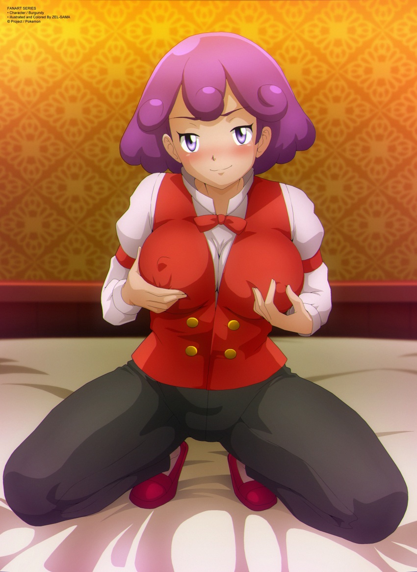 1girl bed bedroom black_pants blush bowtie breasts burgundy_(pokemon) covered_erect_nipples grabbing_own_breast large_breasts long_sleeves looking_at_viewer nintendo nipple_stimulation nipple_tweak on_bed pants pokemon pokemon_(anime) pokemon_bw_(anime) puffy_sleeves purple_eyes purple_hair red_bow red_bowtie red_shoes red_vest shirt shoes short_hair smile squatting vest white_shirt zel-sama