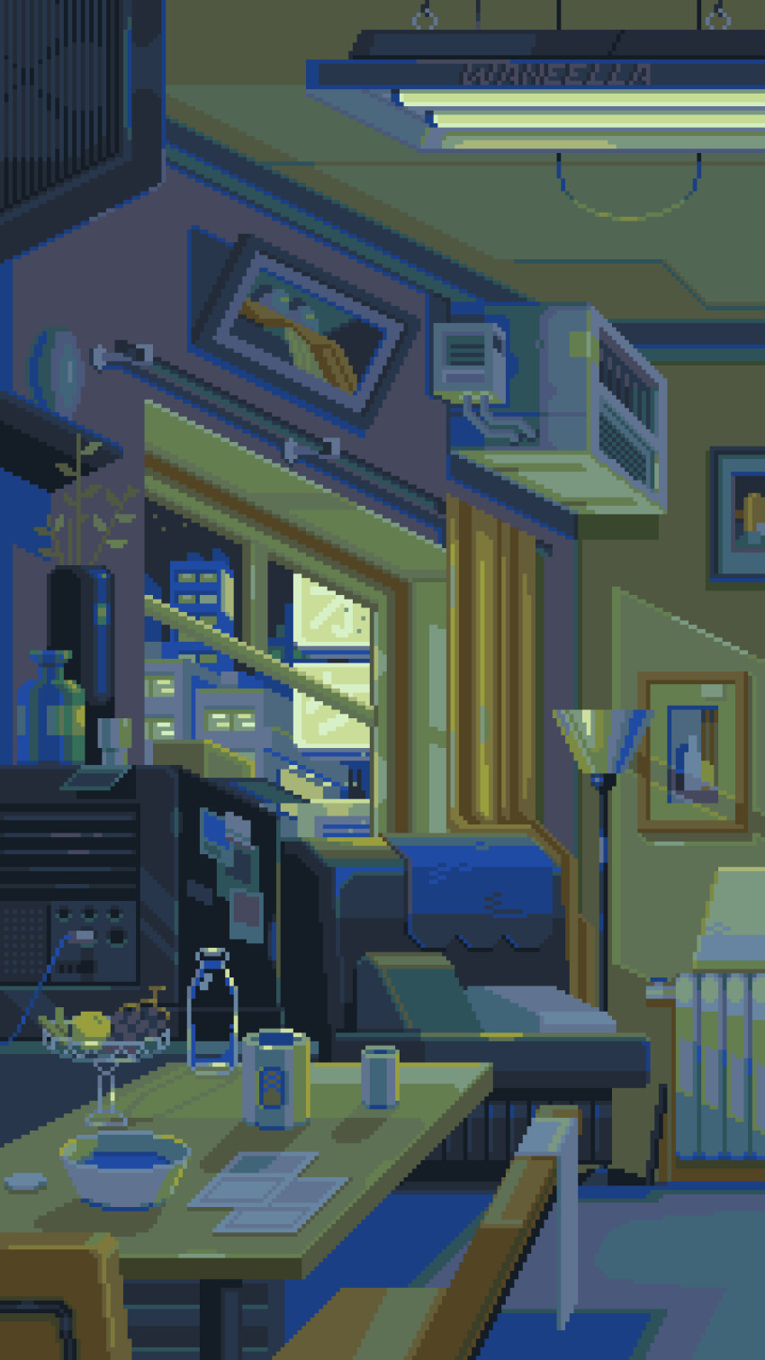 absurdly_detailed_composition air_conditioner air_duct animated animated_gif awning blinking_lights bookshelf bowl chair city cityscape couch flickering food fruit highres indoors lamp loaded_interior night no_humans original photo_(object) pixel_art plant potted_plant radiator rain scenery table vending_machine waneella water